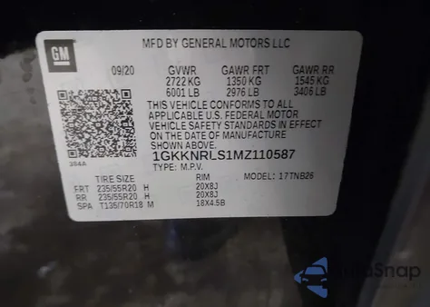 2021 GMC Acadia Awd Sle z USA, uszkodzony, nr VIN 1GKKNRLS1MZ110587